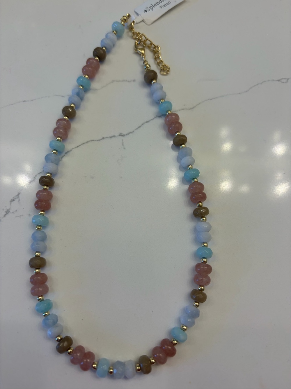 Splendid Iris Pink, Light Blue & Brown Beaded Necklace